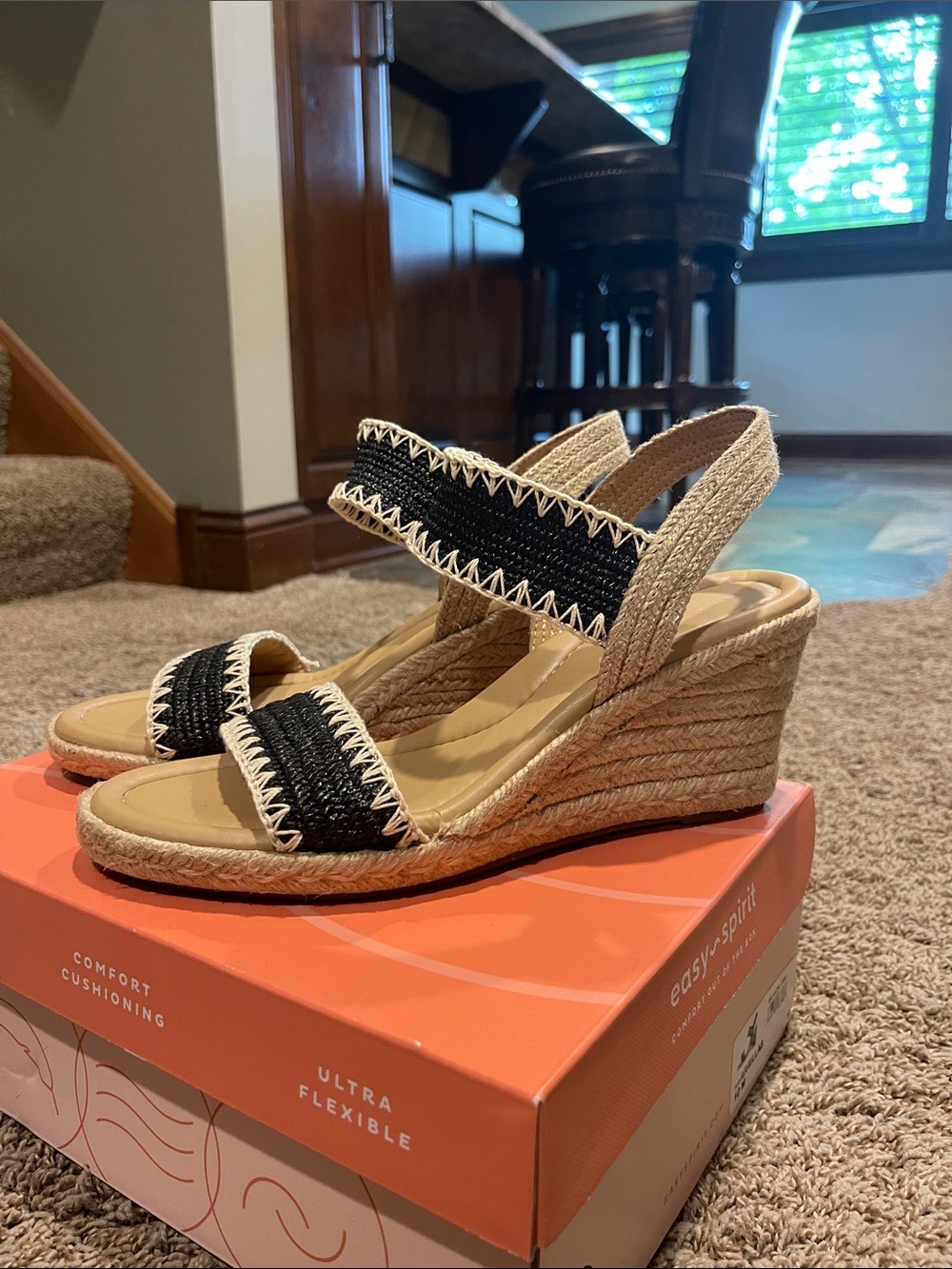Easy Spirit Black and Natural Espadrille Wedge Sandals